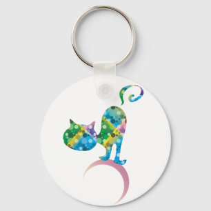 Colorful Cat On Crescent Moon Keychain