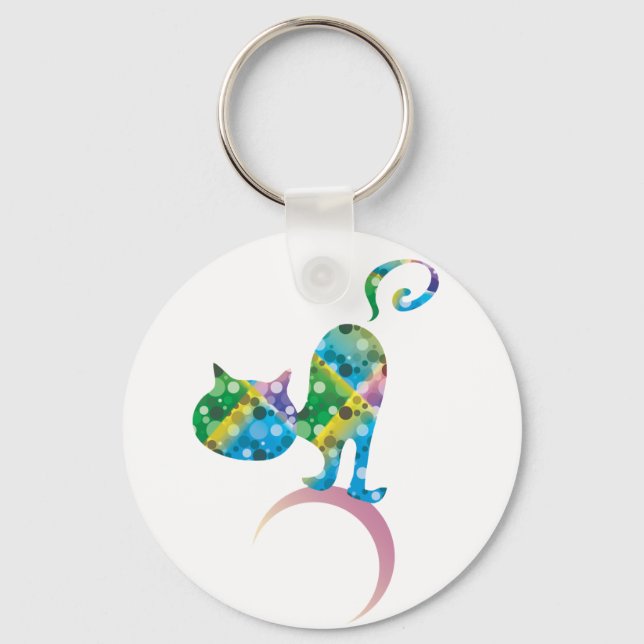 Colorful Cat On Crescent Moon Keychain (Front)