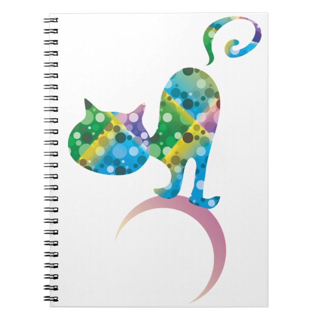 Colorful Cat On Crescent Moon Notebook (Front)