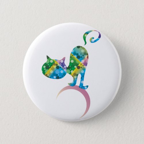 Colorful Cat On Crescent Moon Pinback Button