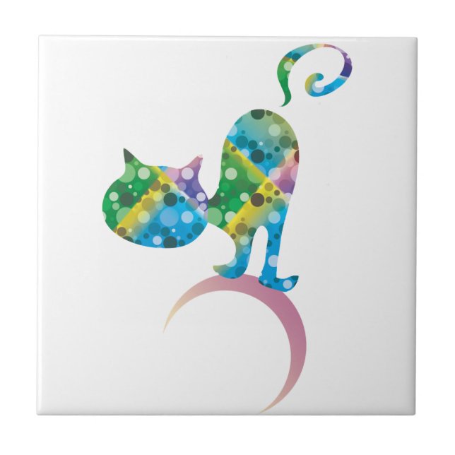 Colorful Cat On Crescent Moon Tile (Front)