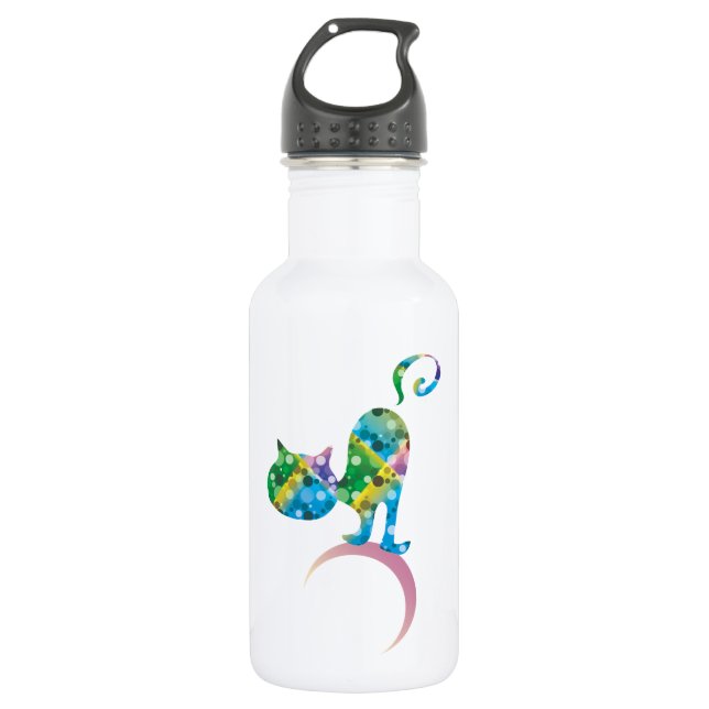 Colorful Cat On Crescent Moon Water Bottle (Front)