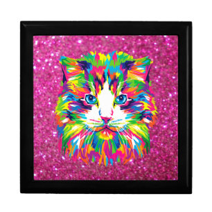 Colorful cat on sparkling background gift box