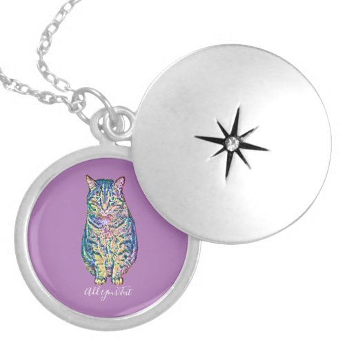 Colorful Cat Personalized Text  Locket Necklace