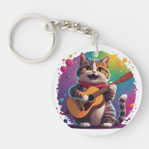 Colorful Cat Playing Guitar T_shirt  Keychain