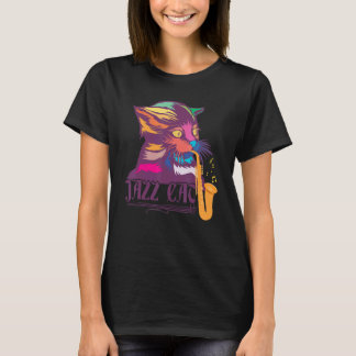 colorful Cat Playing Saxophone Cat Jazz Sax Instru T-Shirt