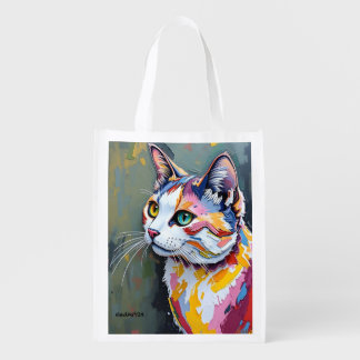 Colorful Cat Portrait Grocery Bag