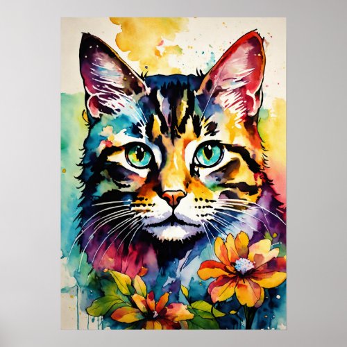 Colorful Cat Silhouette Watercolor Wall Poster