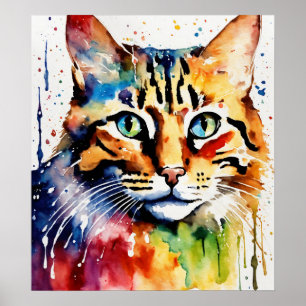 Colorful Cat Silhouette Watercolor Wall Poster