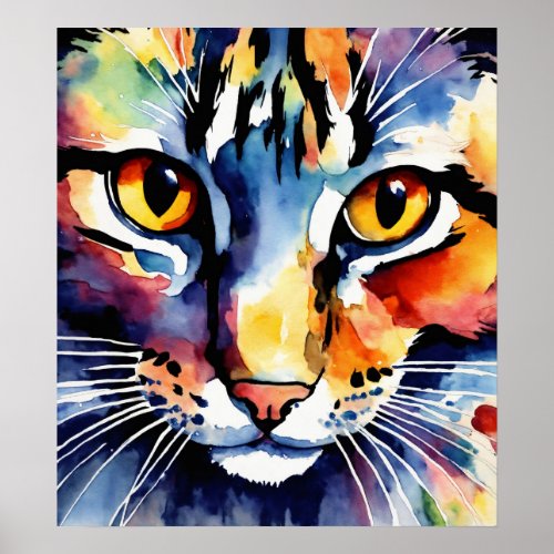Colorful Cat Silhouette Watercolor Wall Poster