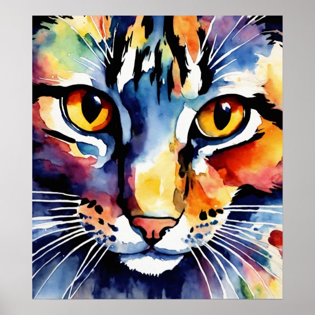 Colorful Cat Silhouette Watercolor Wall Poster (Front)