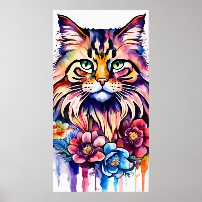 Colorful Cat Silhouette Watercolor Wall Poster (Front)