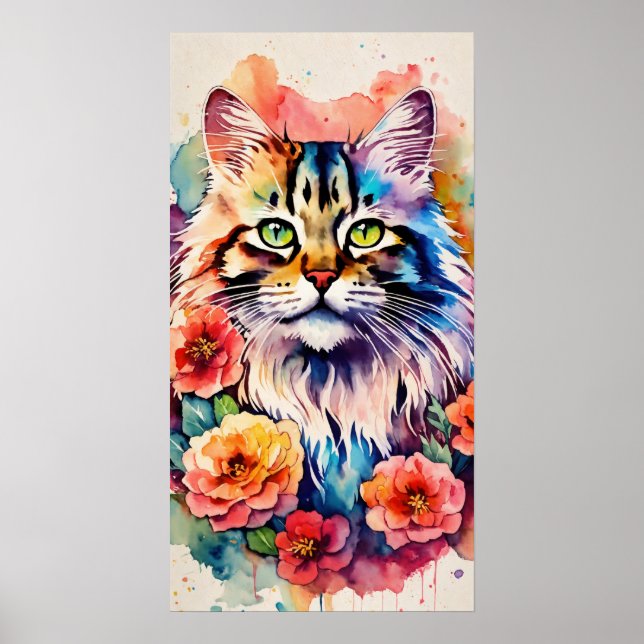Colorful Cat Silhouette Watercolor Wall Poster (Front)