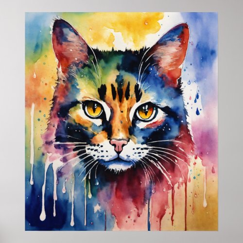 Colorful Cat Silhouette Watercolor Wall Poster