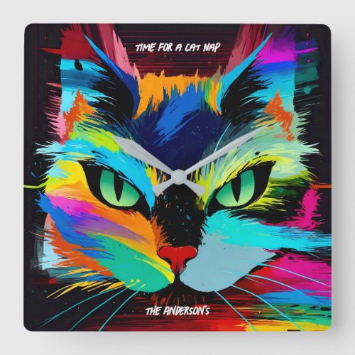 Colorful cat square wall clock