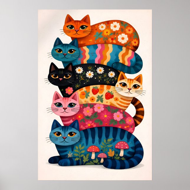 Colorful Cat Stack Poster, Whimsical Floral Animal Poster (Front)