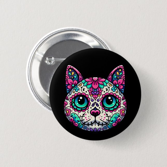 Colorful Cat Sugar Skull Button (Front & Back)