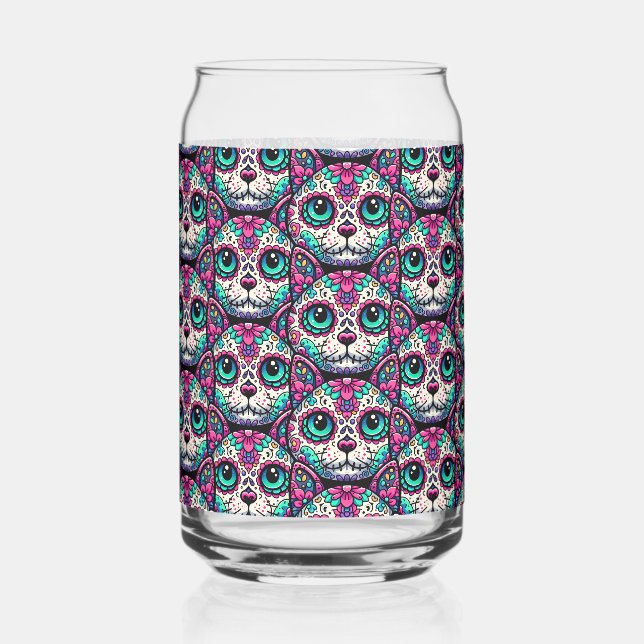Colorful Cat Sugar Skull Can Glass (Front)