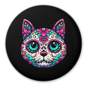 Colorful Cat Sugar Skull Ceramic Knob