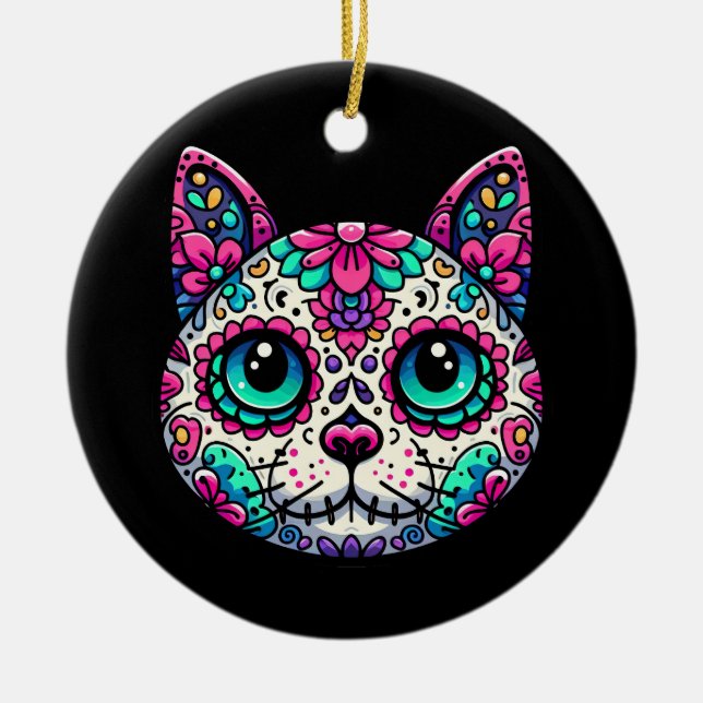 Colorful Cat Sugar Skull Ceramic Ornament (Front)