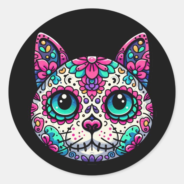 Colorful Cat Sugar Skull Classic Round Sticker (Front)