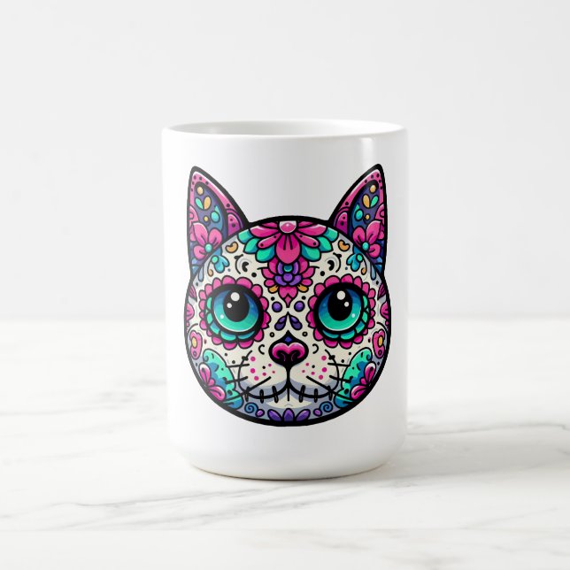 Colorful Cat Sugar Skull Coffee Mug (Center)