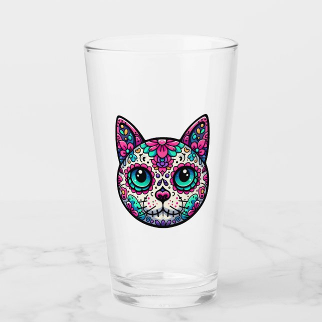 Colorful Cat Sugar Skull Glass (Front)