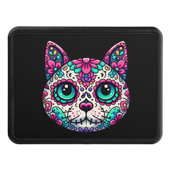 Colorful Cat Sugar Skull Hitch Cover (Front)