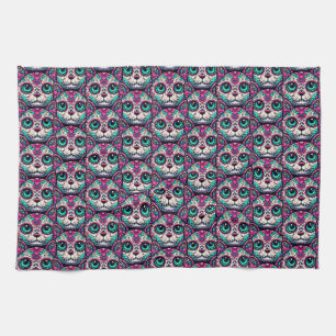 Colorful Cat Sugar Skull Kitchen Towel