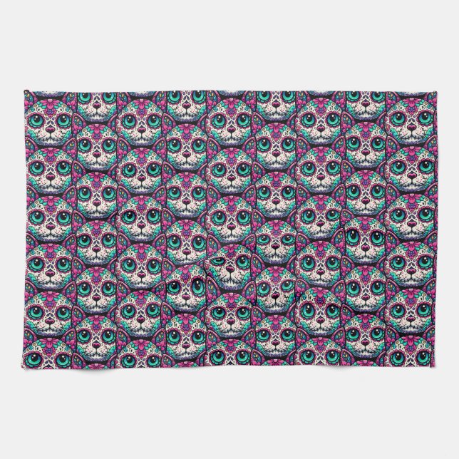 Colorful Cat Sugar Skull Kitchen Towel (Horizontal)