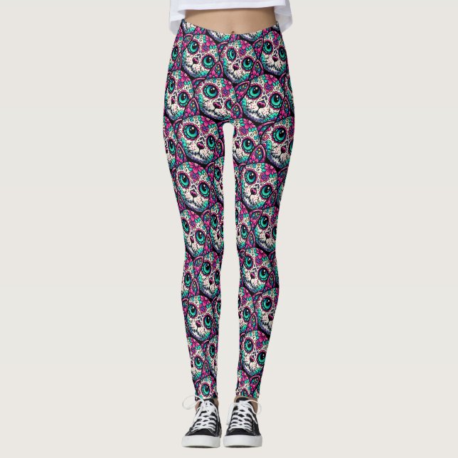 Colorful Cat Sugar Skull Leggings (Front)