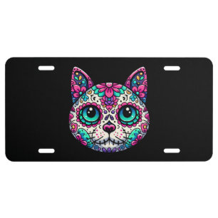 Colorful Cat Sugar Skull License Plate
