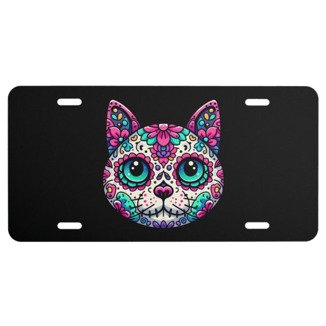 Colorful Cat Sugar Skull License Plate (Front)