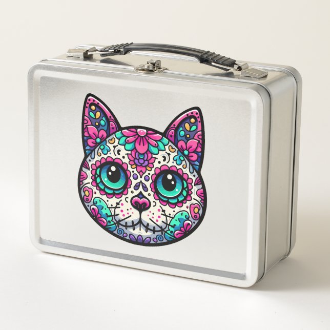 Colorful Cat Sugar Skull Metal Lunch Box (Front)