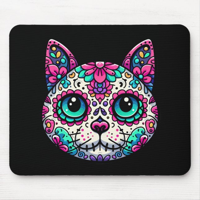Colorful Cat Sugar Skull Mouse Pad (Front)