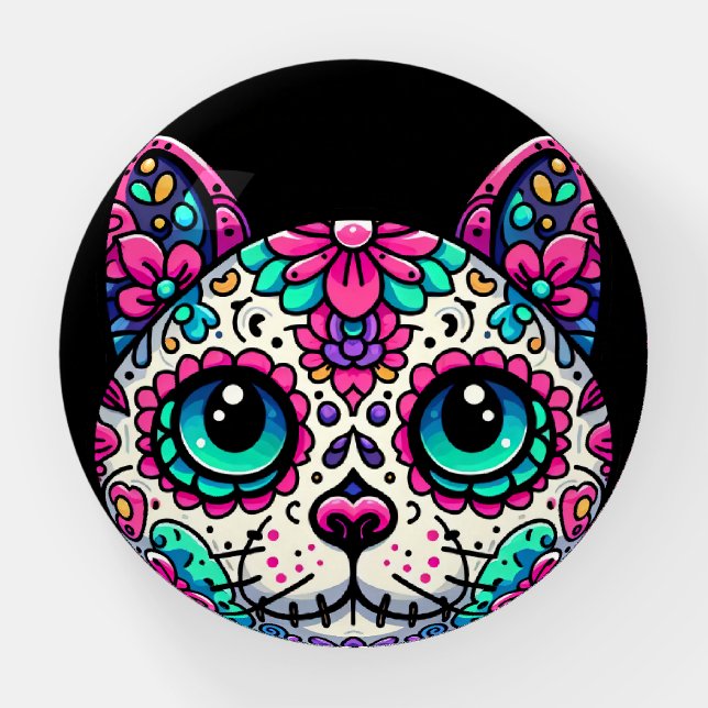 Colorful Cat Sugar Skull Paperweight (Front)