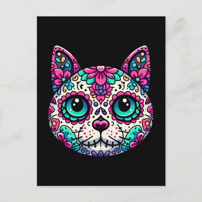 Colorful Cat Sugar Skull Postcard (Front)