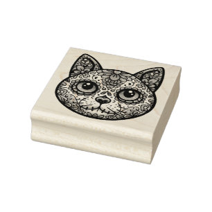 Colorful Cat Sugar Skull Rubber Stamp