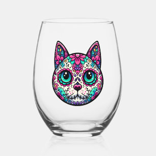 Colorful Cat Sugar Skull Stemless Wine Glass