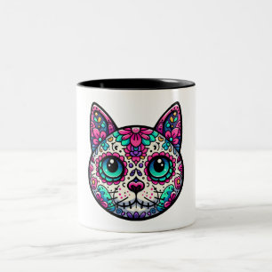 Colorful Cat Sugar Skull Two-Tone Coffee Mug