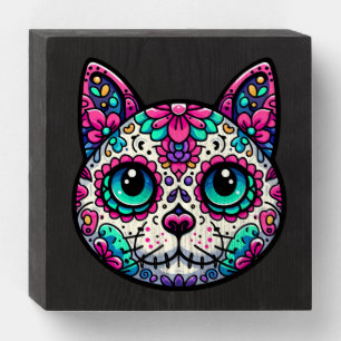 Colorful Cat Sugar Skull Wooden Box Sign