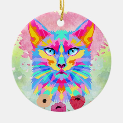 Colorful Cat Watercolor Art Ceramic Ornament