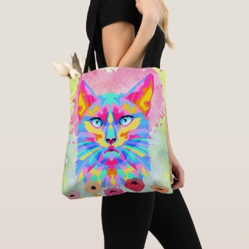 Colorful Cat Watercolor Art Design Tote Bag by xgdesignsnyc at Zazzle