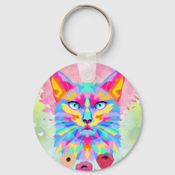 Colorful Cat Watercolor Art Keychain by xgdesignsnyc at Zazzle