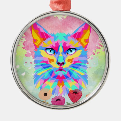 Colorful Cat Watercolor Art Silver Ornament
