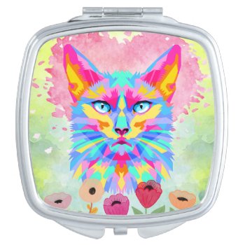 Colorful Cat Watercolor Compact Mirror by xgdesignsnyc at Zazzle