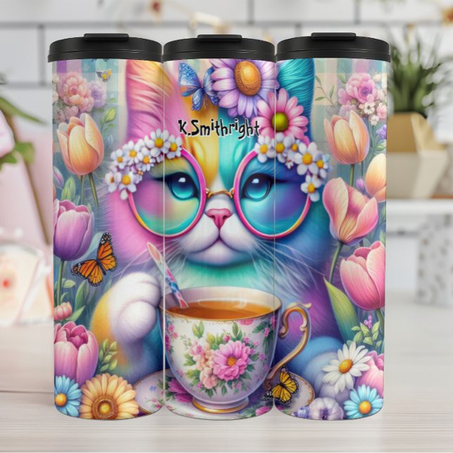 Colorful Cat Wearing Glasses Drinking Tea Thermal Tumbler (Creator Uploaded)
