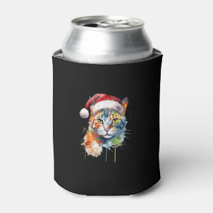 Colorful Cat Wears Santa Hat Kitten Ugly Christmas Can Cooler