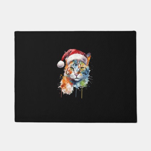 Colorful Cat Wears Santa Hat Kitten Ugly Christmas Doormat