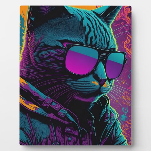 Colorful Cat With Glasses  Plaque